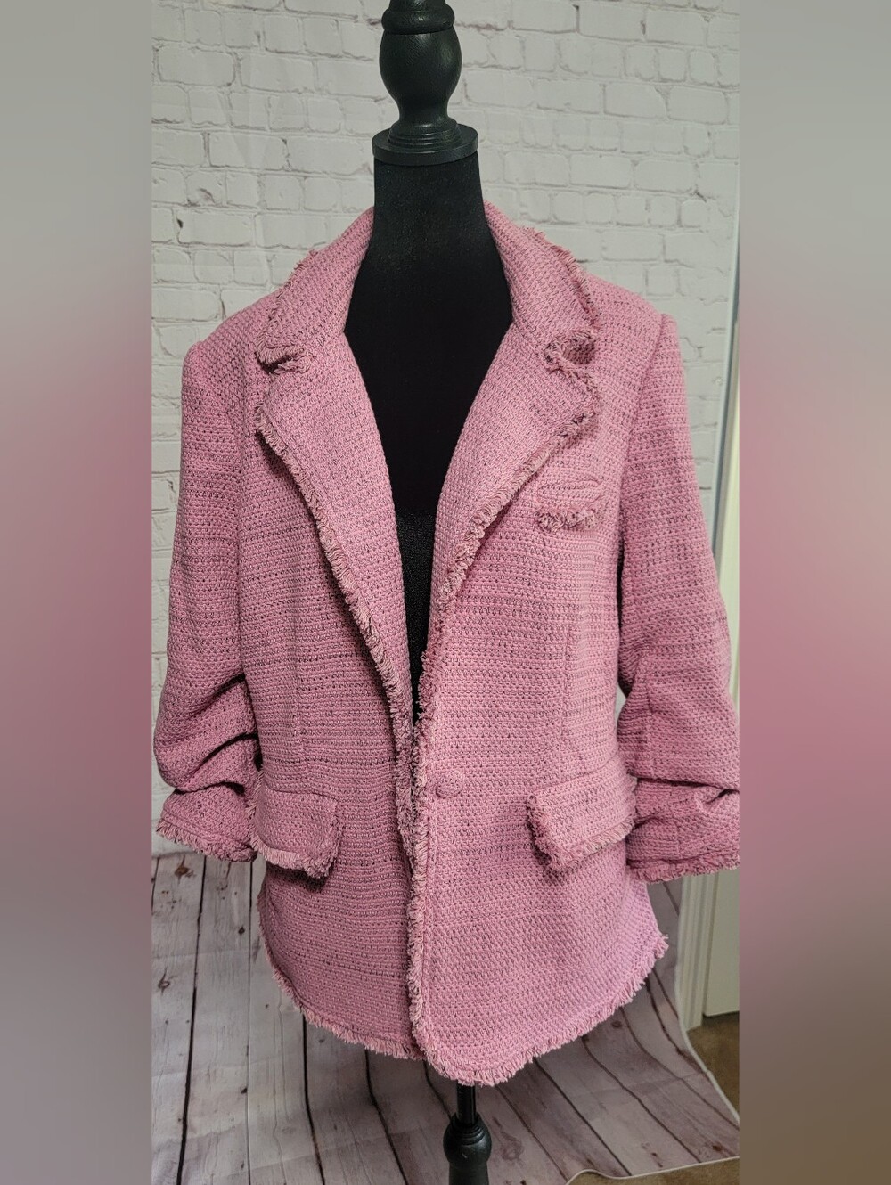 Danielrainn Womens Pink Textured Fringe Blazer Jacket Large